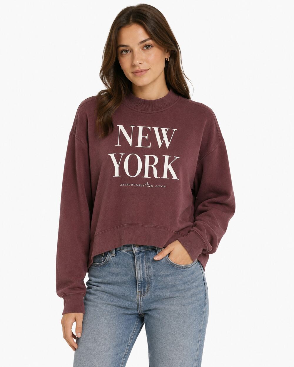 Abercrombie & Fitch New York Crew Neck Pullover Cropped Sweatshirt Brown XS